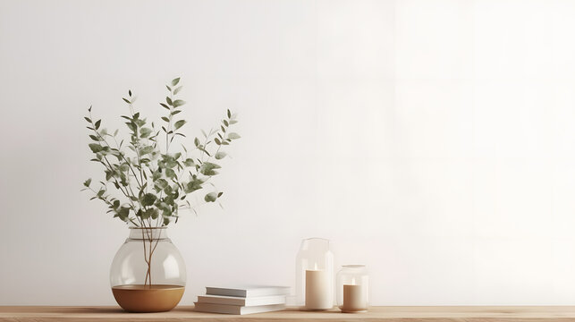 Traditional interior wall mockup with green twigs in vase and candle standing on light brown wooden table on empty white background. 3D rendering, illustration