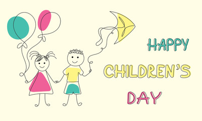 Funny Doodle Children's day background. Hand drawn boy and girl with kite and balloons. Happy childhood concept. Hand lettering text