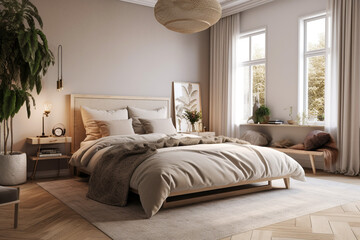 Fototapeta na wymiar Cute modern bedroom, boho design interior style. Beige light colors. Super photo realistic background, generative ai