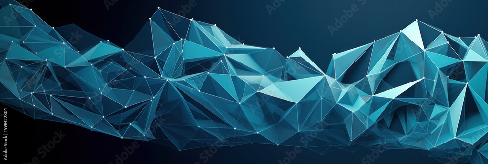 Poster abstract dark blue digital data social network communication background. polygonal structure. ai gen