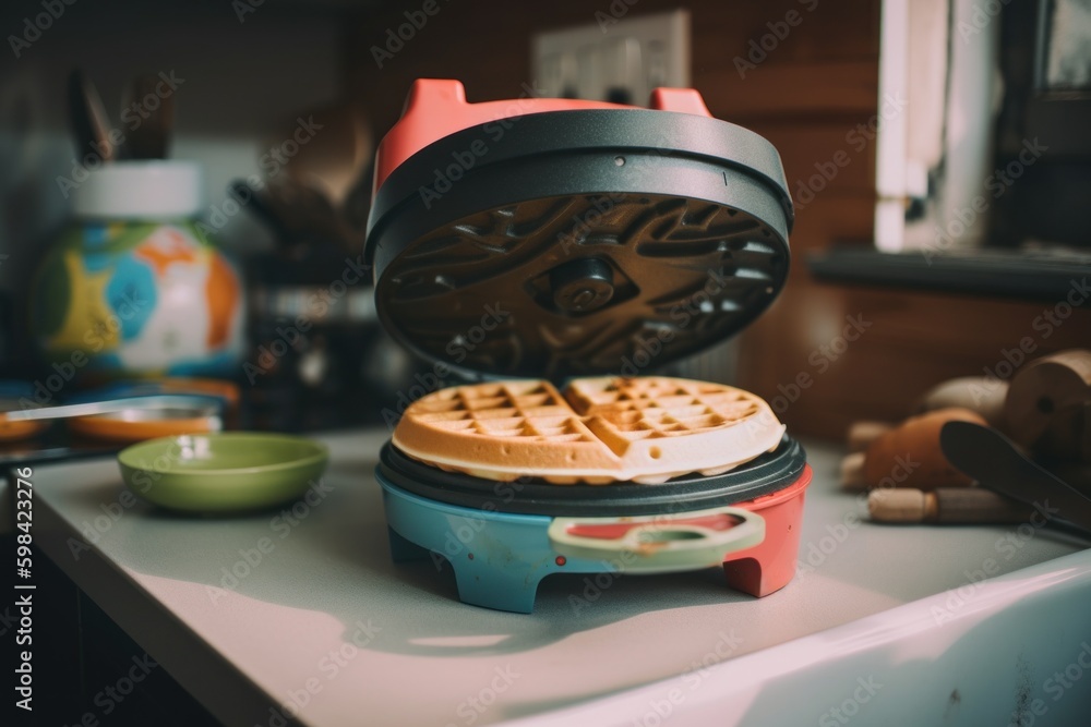 Poster a waffle maker sitting on top of a counter. ai generative image.