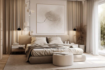  Cute modern bedroom, boho design interior style. Beige light colors. Super photo realistic background, generative ai