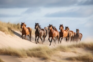 illustration, a flock of horses runs through the dunes, ai generative