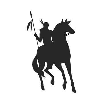 recommend clip art: Black silhouette of American Indian holding spear on horseback flat style