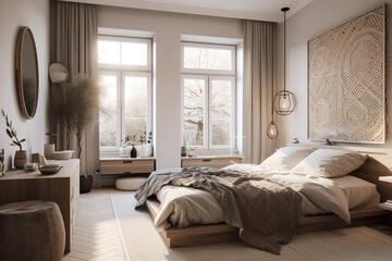  Cute modern bedroom, boho design interior style. Beige light colors. Super photo realistic background, generative ai