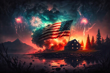 Fototapeta na wymiar Fireworks and big flag usa at night over lake and village with reflection in water. Independence day