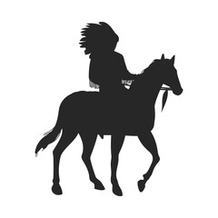 Fototapeta na wymiar Black silhouette of American Indian in headdress with feathers on horseback flat style