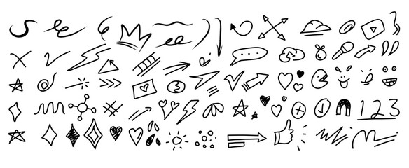 1. Set of doodle icons and pattern elements. Digital illustration by hand