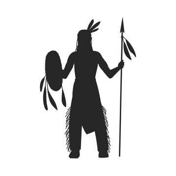 recommend clip art: American Indian tribe warrior with spear, black silhouette flat vector illustration isolated on white background.