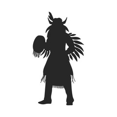 Black silhouette of American Indian in costume with feathers put up shield flat style