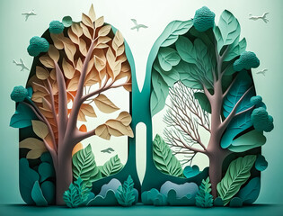 Paper art of tree branches shaped like human lungs, forest protection ecology illustration