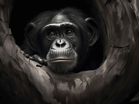Retrato de chimpance saliendo de un hueco en tronco de arbol, con fondo oscuro, tipo fine art