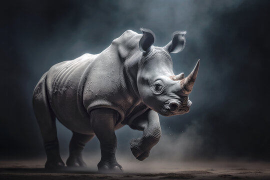 rinoceronte blanco corriendo, en fondo oscuro. Concepto vida salvaje