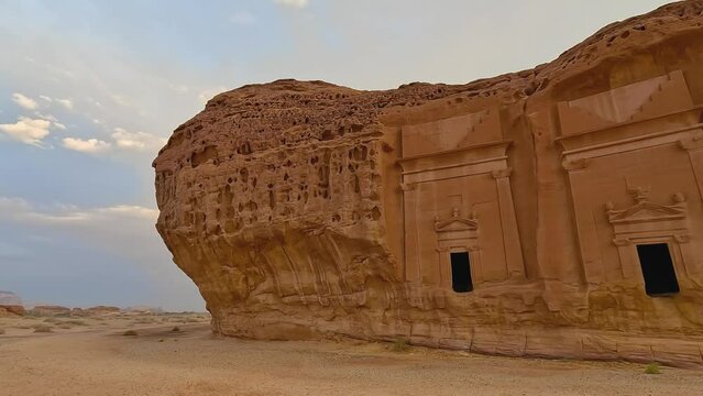 Old Nabatean architecture at Jabal Al Ahmar, Hegra in Saudi Arabia, 18 ancient tombs are located here