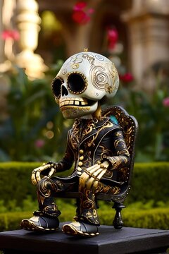 a skeletor man sitting on a chair