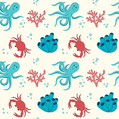 Cartoon octopus, crab, and seaweed background. Seamless pattern of the underwater world.  Colorful pattern for fabric print, cover, broshure