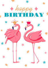 Birthday Party card with pink flamingo and stars confetti.