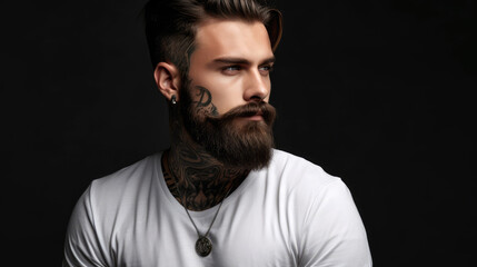 Obraz premium Tattooed hipster man with beard wearing white t-shirt. Generative AI