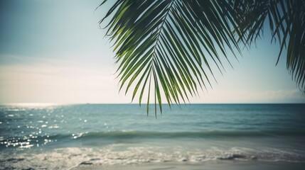 Fototapeta na wymiar Tropical summer seascape with palm leaves, beach and paradise ocean. Vacation and travel backdrop. Generative AI