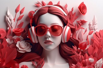 A beautiful woman wearing headphones with ornament flowers background, music festival day. Generative AI, Generative, AI