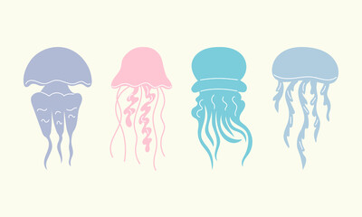 Set of hand drawn colorful jellyfish. Collection of cartoon meduses. Isolated underwater animals. © Svetlana