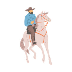 Cowboy riding horse, flat vector illustration isolated on white background.