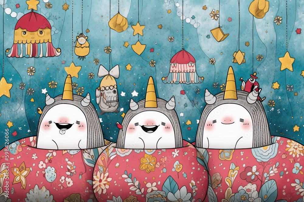 Poster a group of three unicorns with hats on. ai generative.