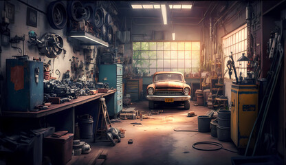 Vintage auto garage. Inside the car repair station. Illustration generated in AI