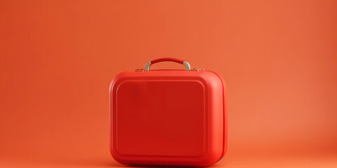 Red travel suitcase, on red background. Trip concept. Generative AI