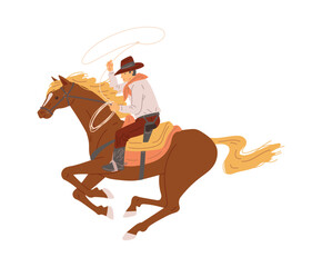 Cowboy on horse throwing lasso, flat vector illustration isolated on white background.