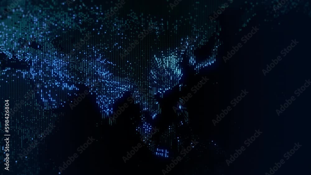 Poster slowly changing illumination of a digital map of the earth. movable camera. lights of megalopolises 