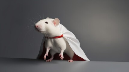 Unsung Scientific Champions, Minimalist Image of a White Laboratory Mouse Portrayed as a Superhero, Honoring Research Achievements.