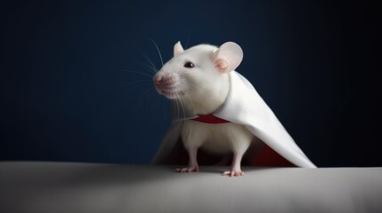 Unsung Scientific Champions, Minimalist Image of a White Laboratory Mouse Portrayed as a Superhero, Honoring Research Achievements.