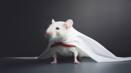 Fototapeta na wymiar Unsung Scientific Champions, Minimalist Image of a White Laboratory Mouse Portrayed as a Superhero, Honoring Research Achievements.