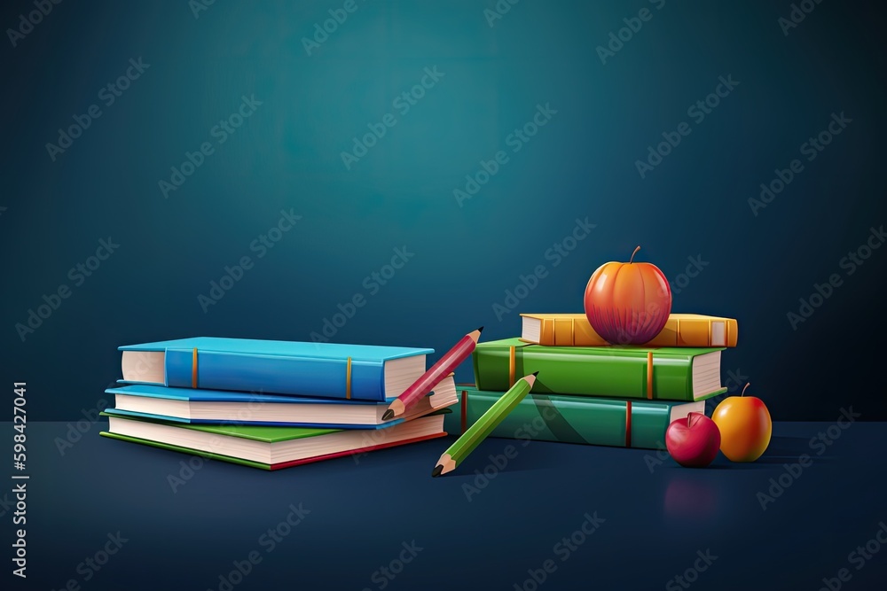 Poster stack of books with an apple and pencil on top. generative ai