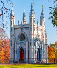 Gothic chapel in Alexandria park in autumn, Saint Petersburg, Russia