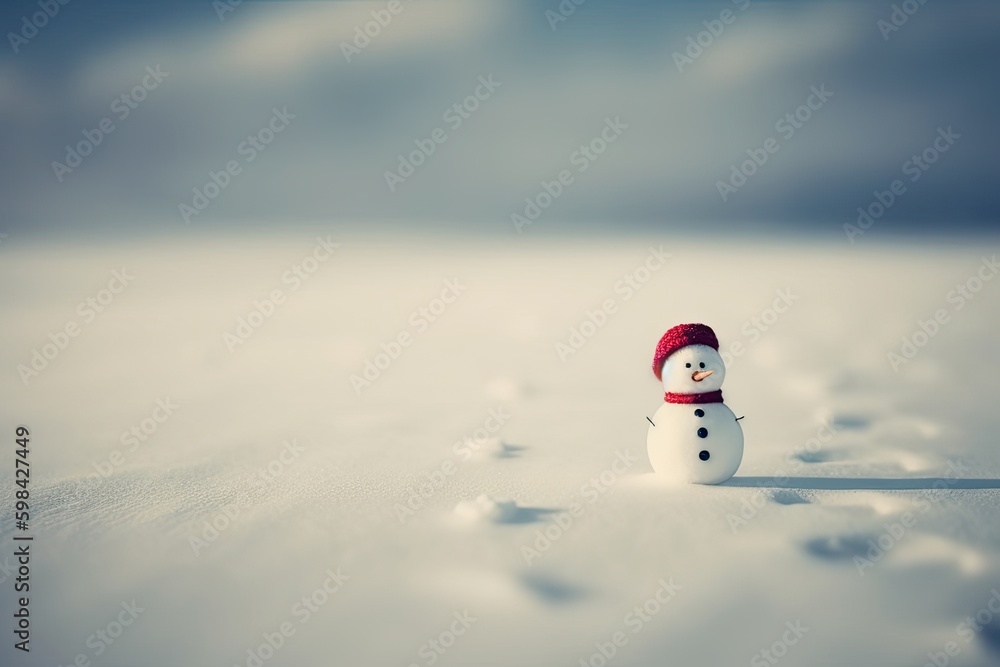 Aufkleber snowman standing in a snowy field with trees in the background. generative ai