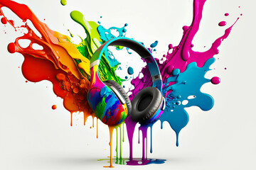 Headphones with colorful paint splatter. Gaming headset. Generative Ai