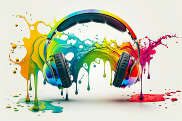 Headphones with colorful paint splatter. Gaming headset. Generative Ai
