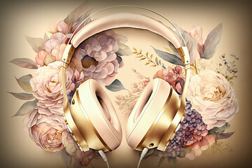 Concept watercolor illustration headphones with flowers and plants. Generative Ai
