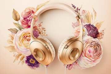 Concept watercolor illustration headphones with flowers and plants. Generative Ai
