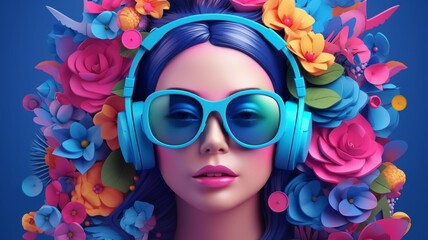Fototapeta premium A beautiful woman wearing headphones with ornament colorful flowers background, music festival day. Generative AI, Generative, AI