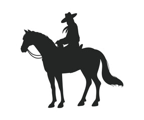 Cowboy or animal herder on horse, black silhouette - flat vector illustration isolated on white background.