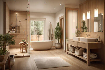 Fototapeta na wymiar A bathroom with a tub, sink, and mirror. AI generative. Cosy Norvegian house