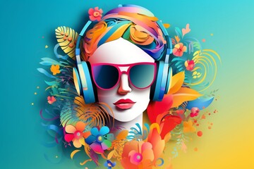 Fototapeta na wymiar A beautiful woman wearing headphones with ornament colorful flowers background, music festival day. Generative AI, Generative, AI
