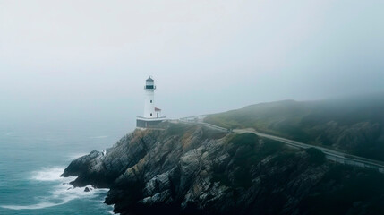 Lighthouse on a cliff edge in stormy and misty weather. Generative AI