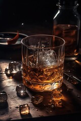 Whiskey with ice on a wooden table, in the office, in an expensive style. Generative AI