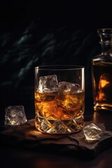 A glass of whiskey on a dark background with ice cubes in a luxury style. Generative AI