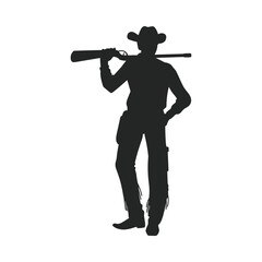 Black silhouette of cowboy with ruffle gun, flat vector illustration isolated on white background.