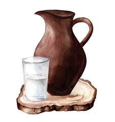 jug for milk and a glass of milk on a white background. Village style. Watercolor illustration hand drawn
